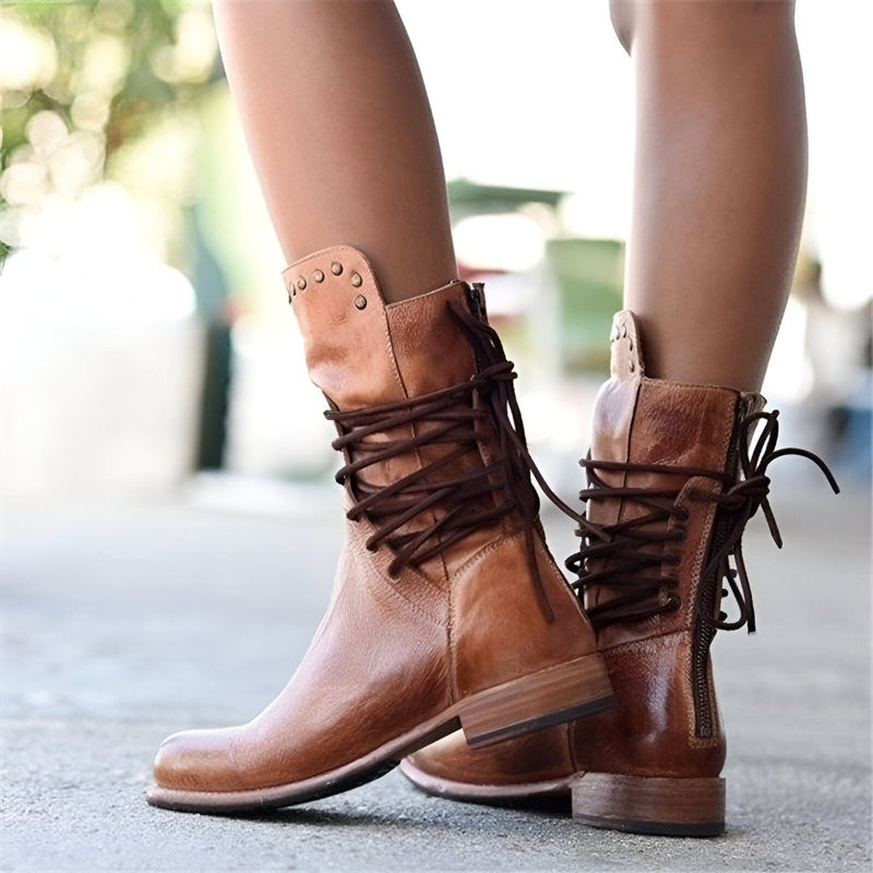 Thalune | Women’s Studded Lace-Up Mid-Calf Boots with Vintage Finish