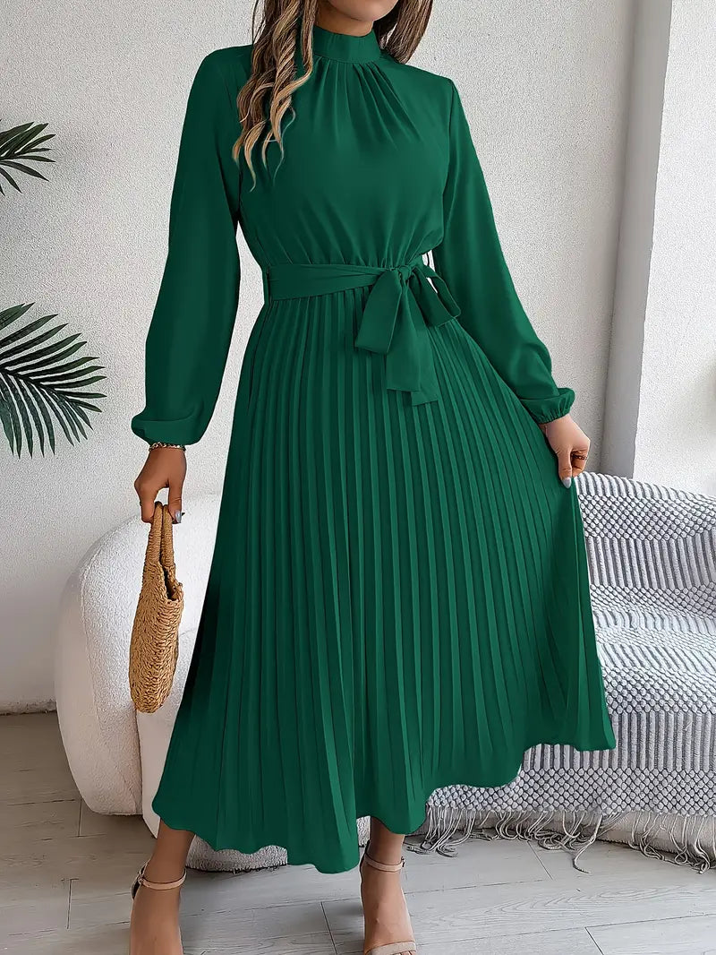 Serenelle | Women’s Long-Sleeve Pleated Midi Dress with Belted Waist