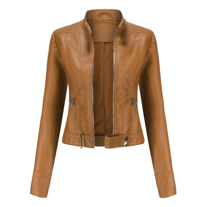 Rivelle | Women’s Leather Jacket with High Collar and Belted Hem