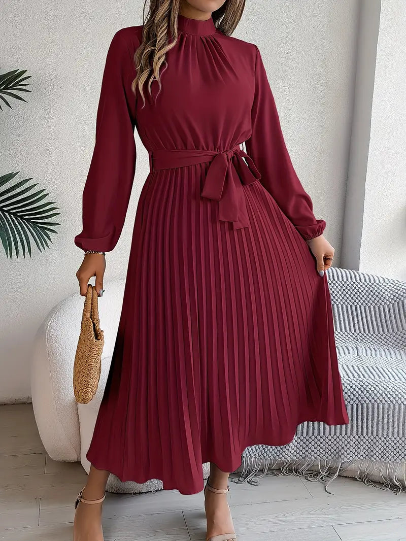 Serenelle | Women’s Long-Sleeve Pleated Midi Dress with Belted Waist
