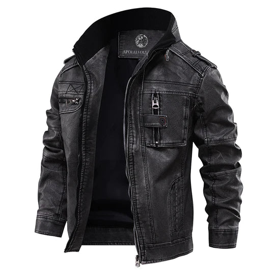 Rovain | Men’s Leather Jacket with Stand Collar and Zippered Chest Pocket