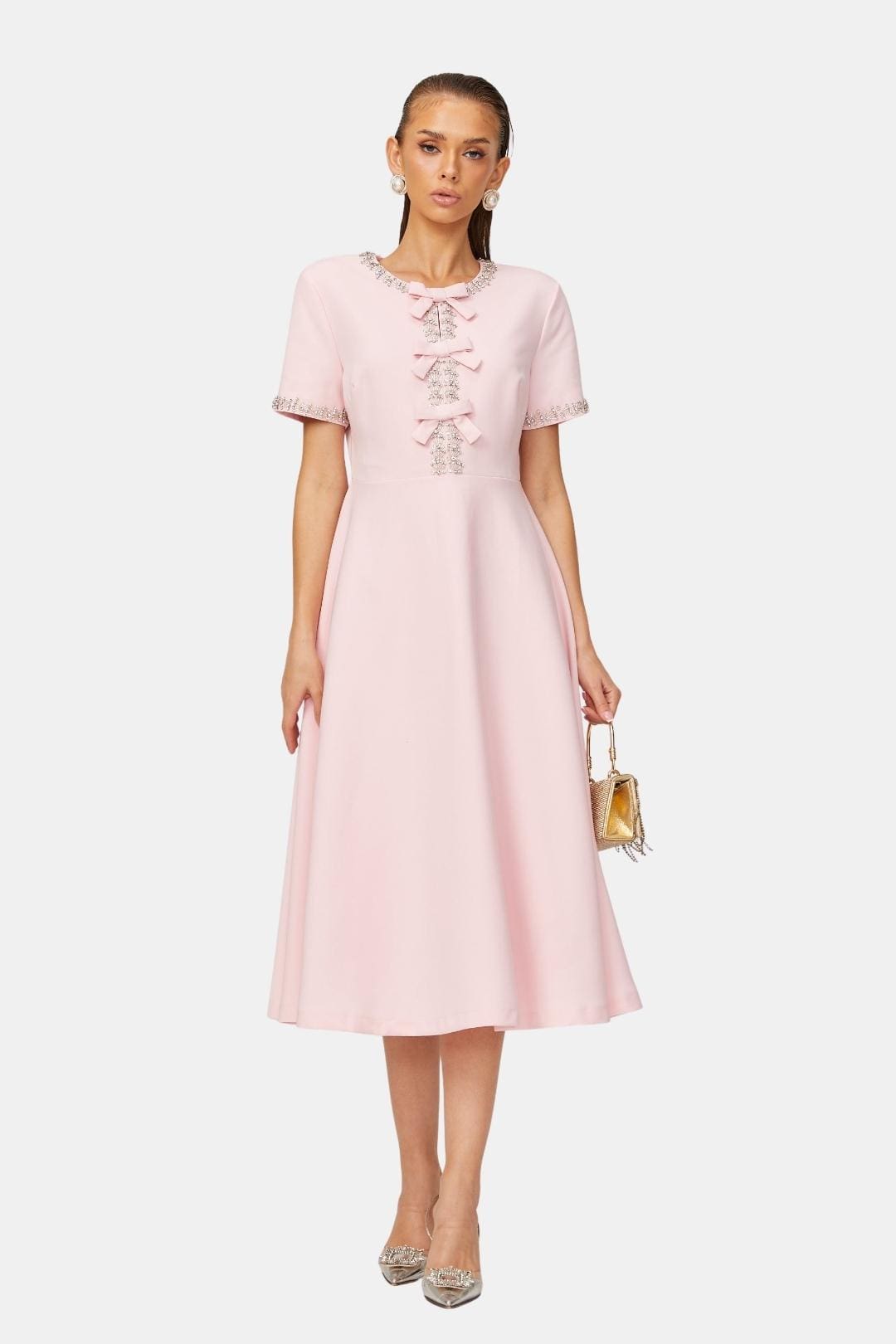 Avelinne | Bowknot Crystal-Embellished Midi Cocktail Dress