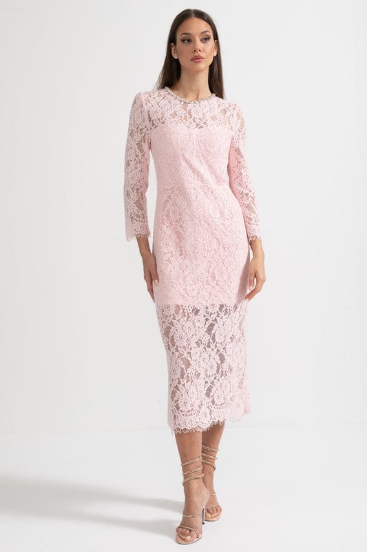 Doralia | Soft Pink Lace Midi Dress