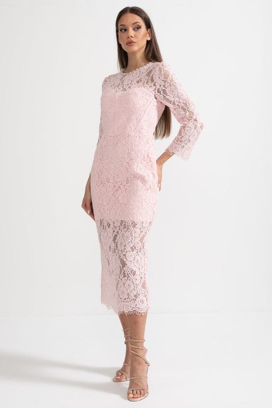 Doralia | Soft Pink Lace Midi Dress