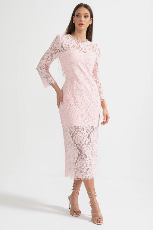 Doralia | Soft Pink Lace Midi Dress