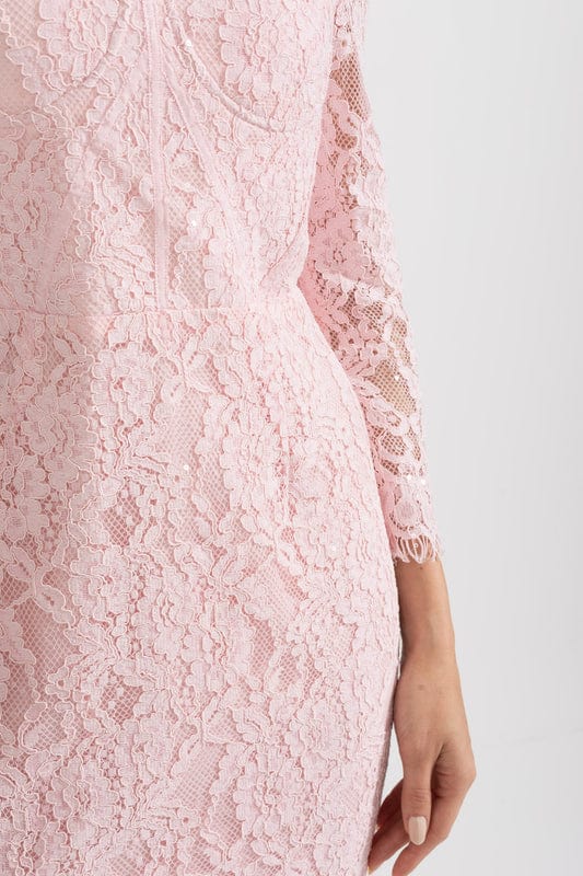 Doralia | Soft Pink Lace Midi Dress
