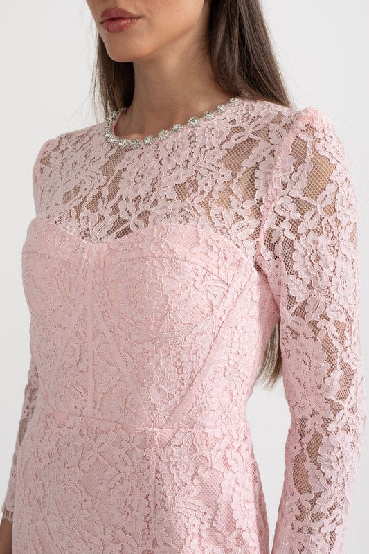 Doralia | Soft Pink Lace Midi Dress