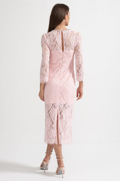 Doralia | Soft Pink Lace Midi Dress