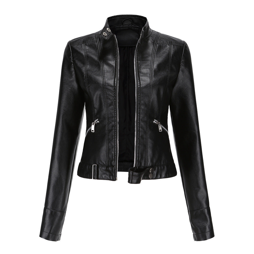 Rivelle | Women’s Leather Jacket with High Collar and Belted Hem