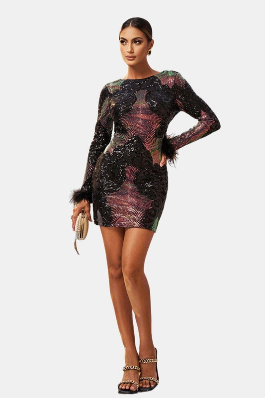 Kalyssa | Black Sequin Mini Dress with Feather Sleeves