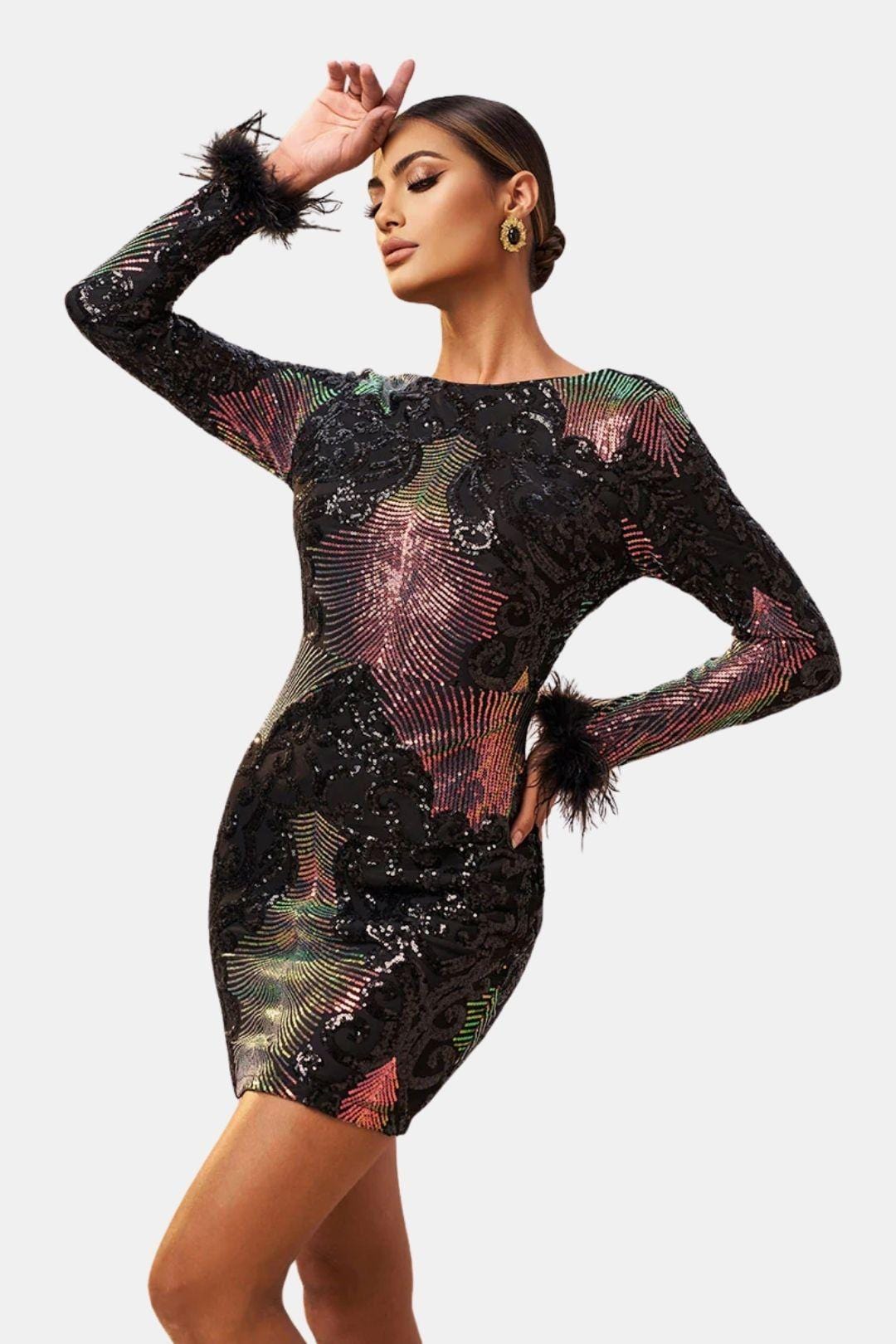 Kalyssa | Black Sequin Mini Dress with Feather Sleeves