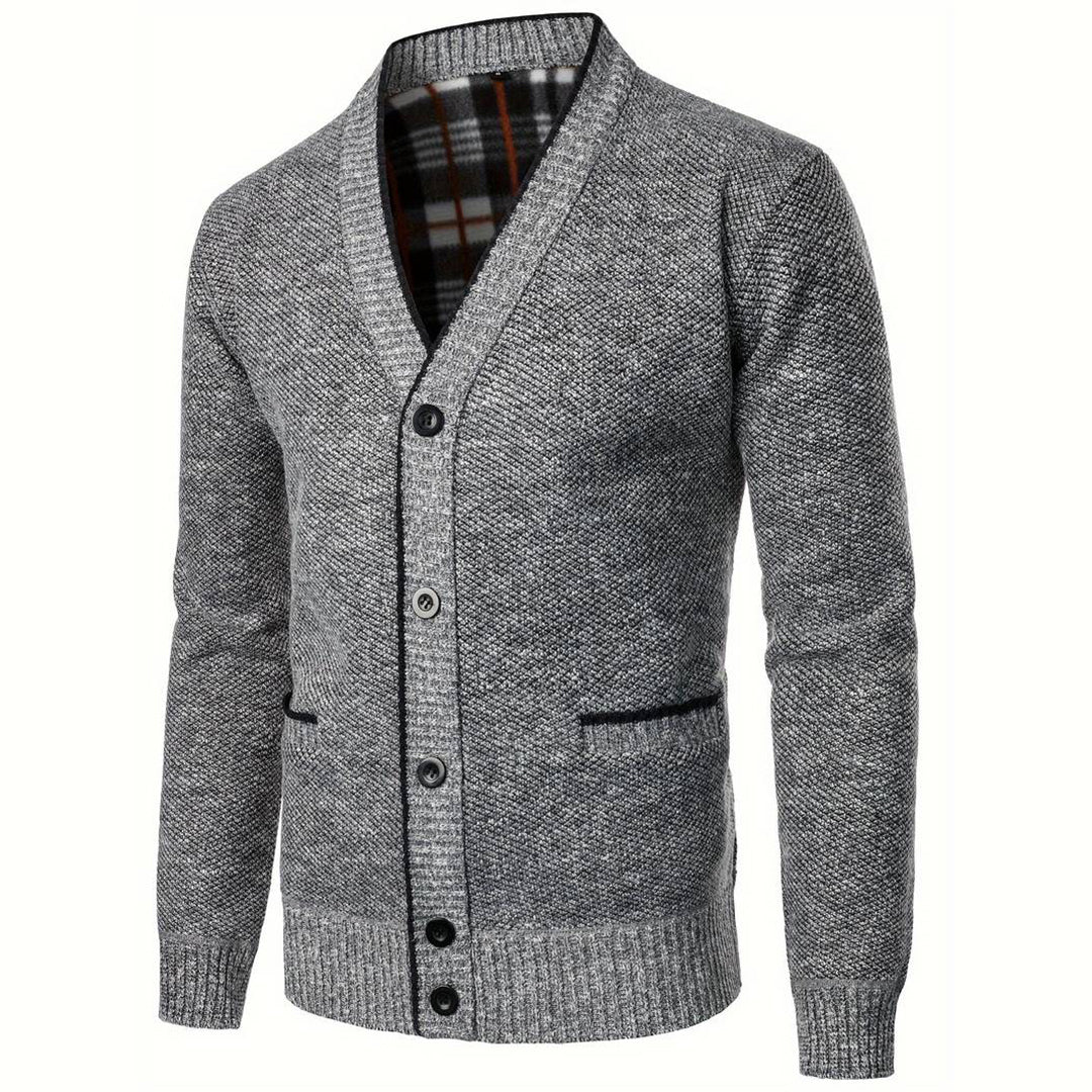 Retham | Men’s V-Neck Button Cardigan with Plaid Lining