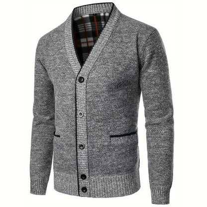 Retham | Men’s V-Neck Button Cardigan with Plaid Lining