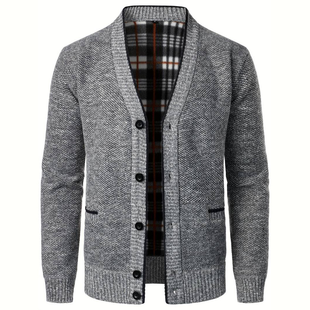 Retham | Men’s V-Neck Button Cardigan with Plaid Lining