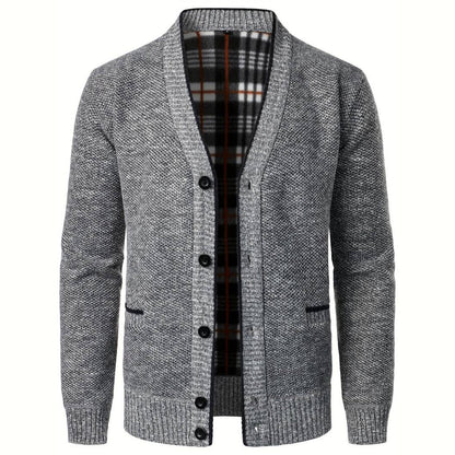 Retham | Men’s V-Neck Button Cardigan with Plaid Lining