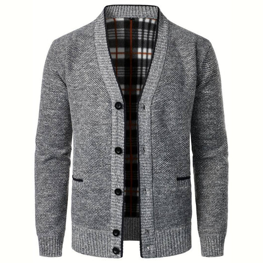 Retham | Men’s V-Neck Button Cardigan with Plaid Lining
