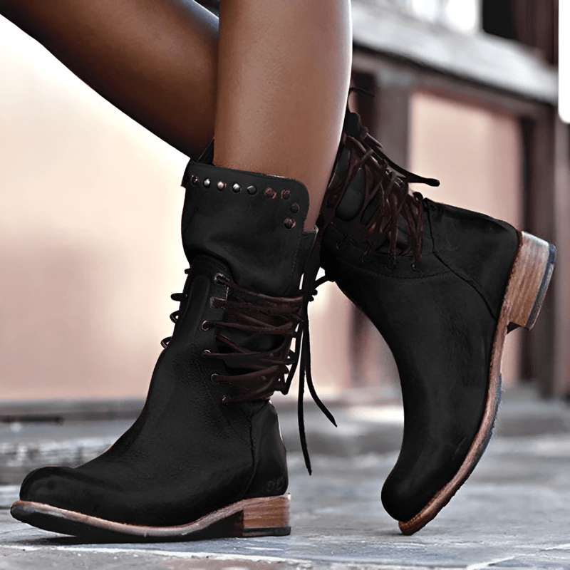 Thalune | Women’s Studded Lace-Up Mid-Calf Boots with Vintage Finish