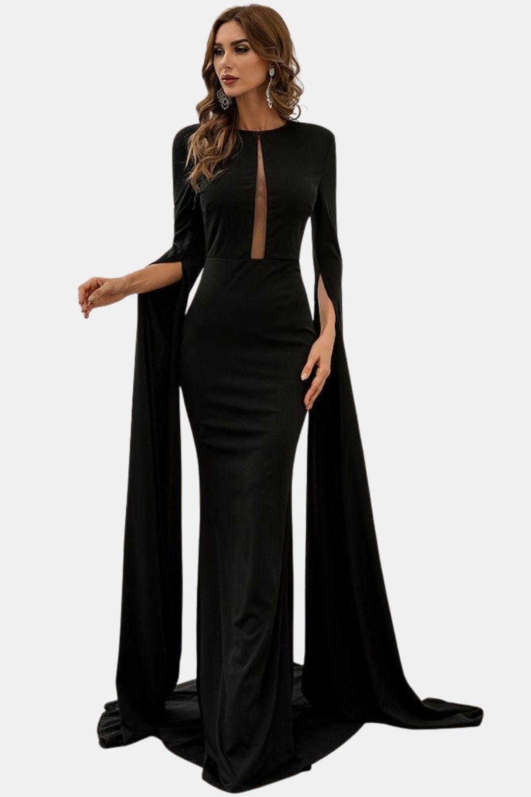 Maelis | Cape-Sleeve Cutout Black Mermaid Evening Dress