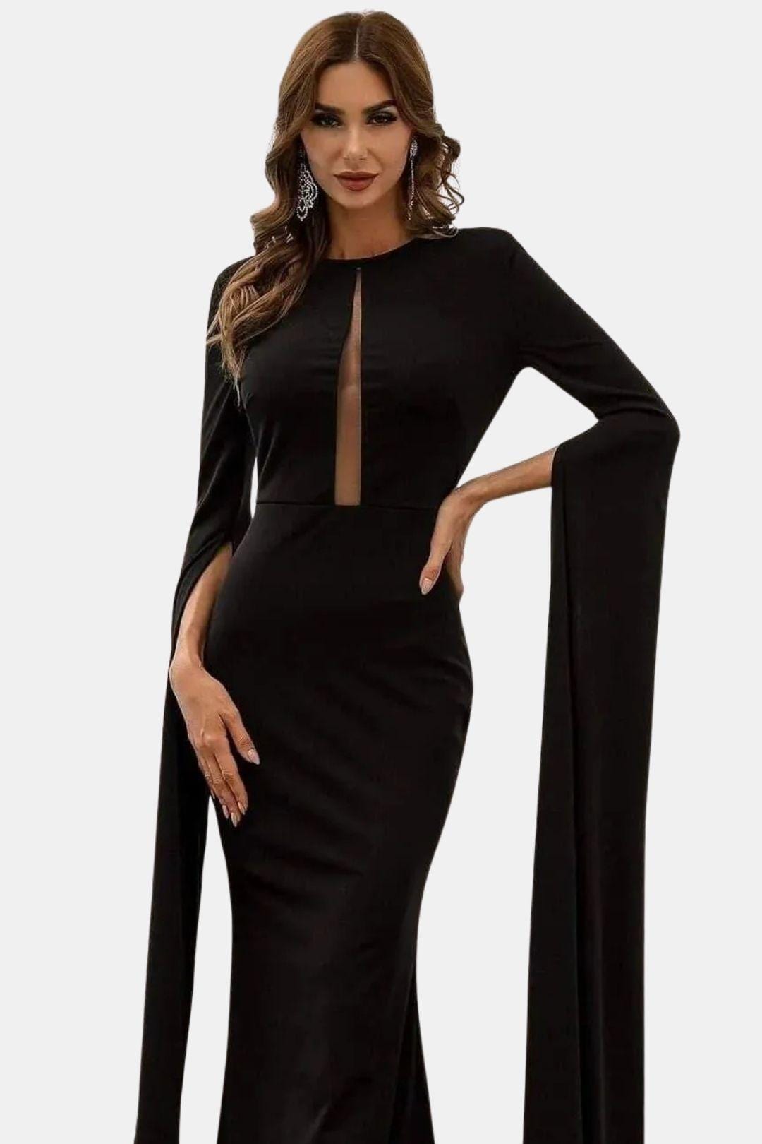 Maelis | Cape-Sleeve Cutout Black Mermaid Evening Dress