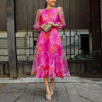 Florienne | Women’s Long-Sleeve Floral Midi Dress with Sheer Puff Sleeves