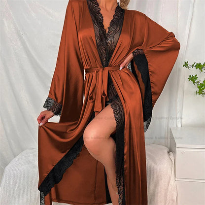 Veloura | Women’s Long Lace Kimono Dressing Gown with Belted Waist