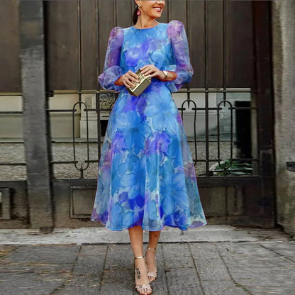 Florienne | Women’s Long-Sleeve Floral Midi Dress with Sheer Puff Sleeves