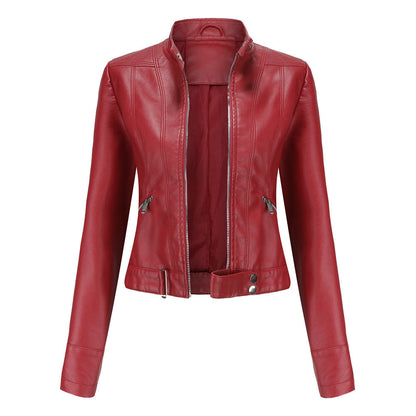 Rivelle | Women’s Leather Jacket with High Collar and Belted Hem