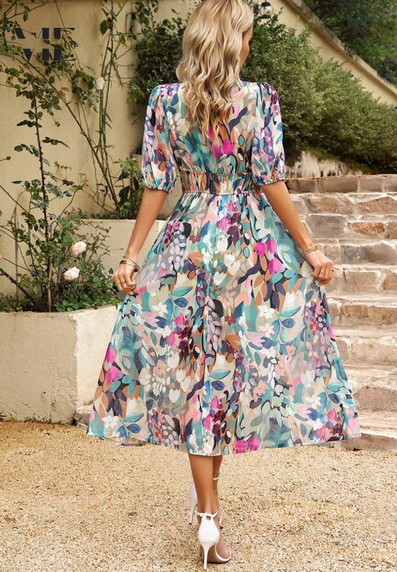 Florise | Women’s Floral Midi Dress with Puff Sleeves