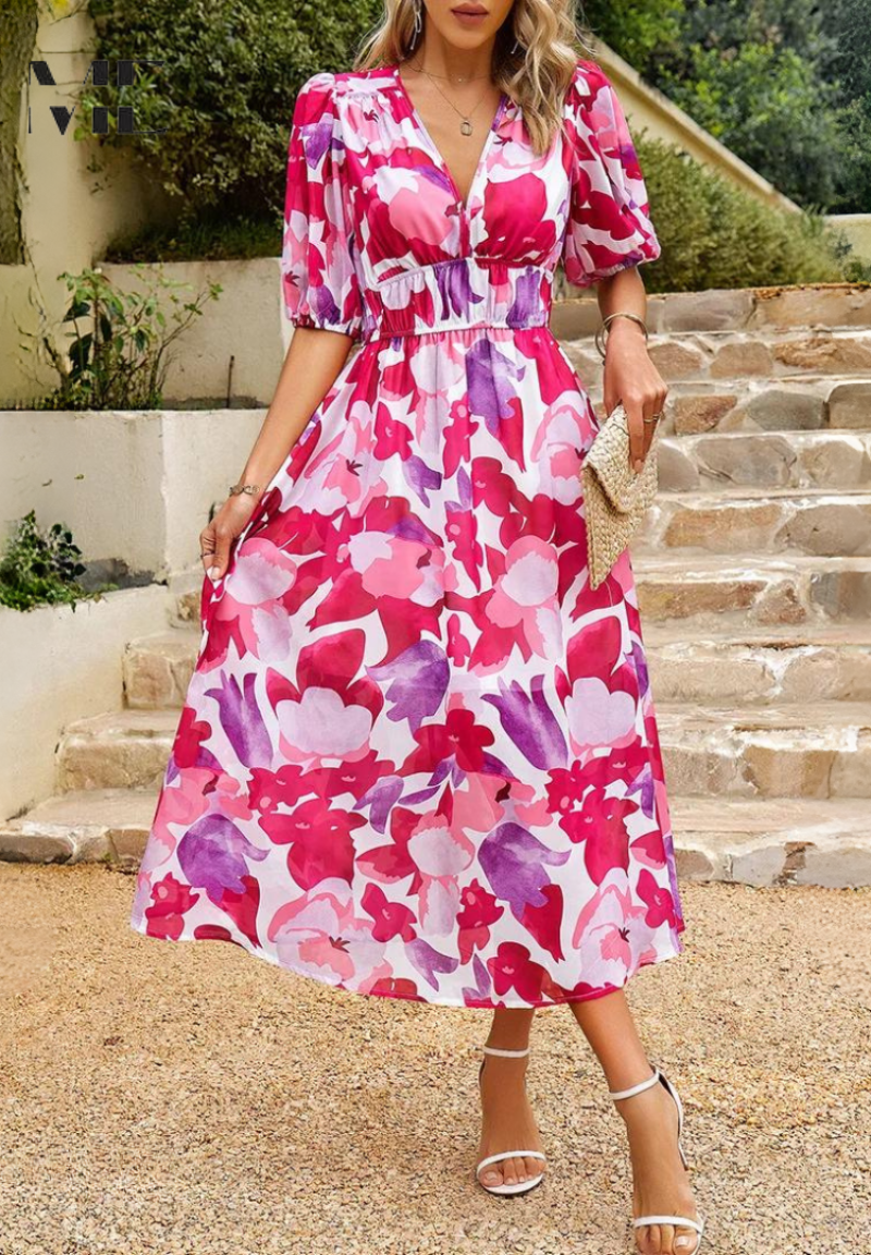 Florise | Women’s Floral Midi Dress with Puff Sleeves