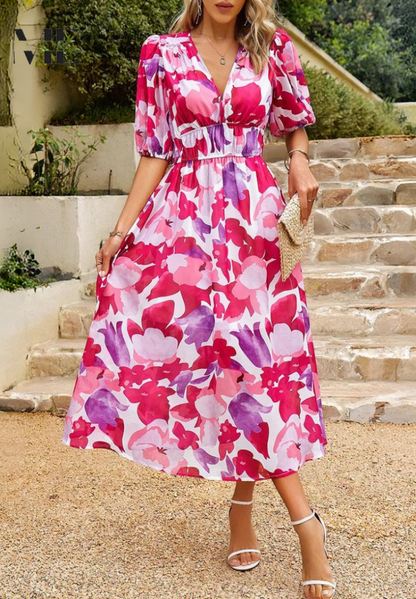 Florise | Women’s Floral Midi Dress with Puff Sleeves