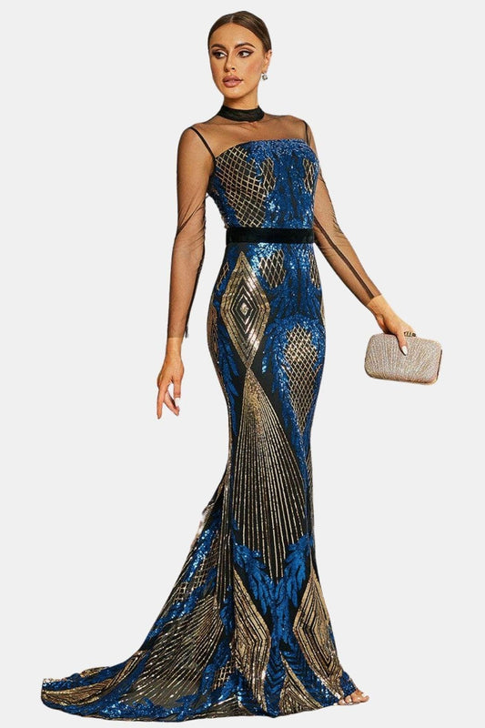 Ysara | Stand-Collar Blue & Gold Sequin Mermaid Evening Dress