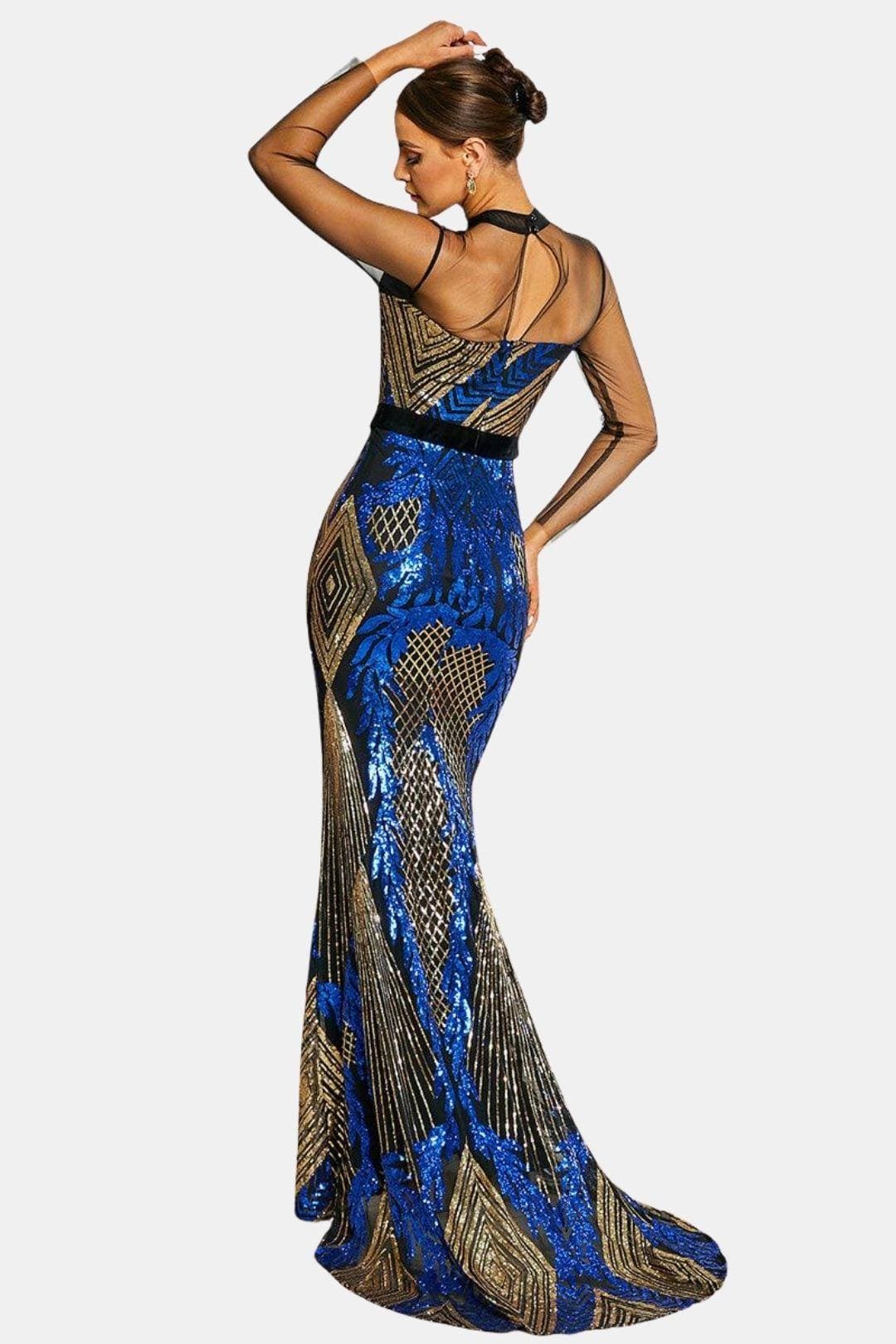 Ysara | Stand-Collar Blue & Gold Sequin Mermaid Evening Dress