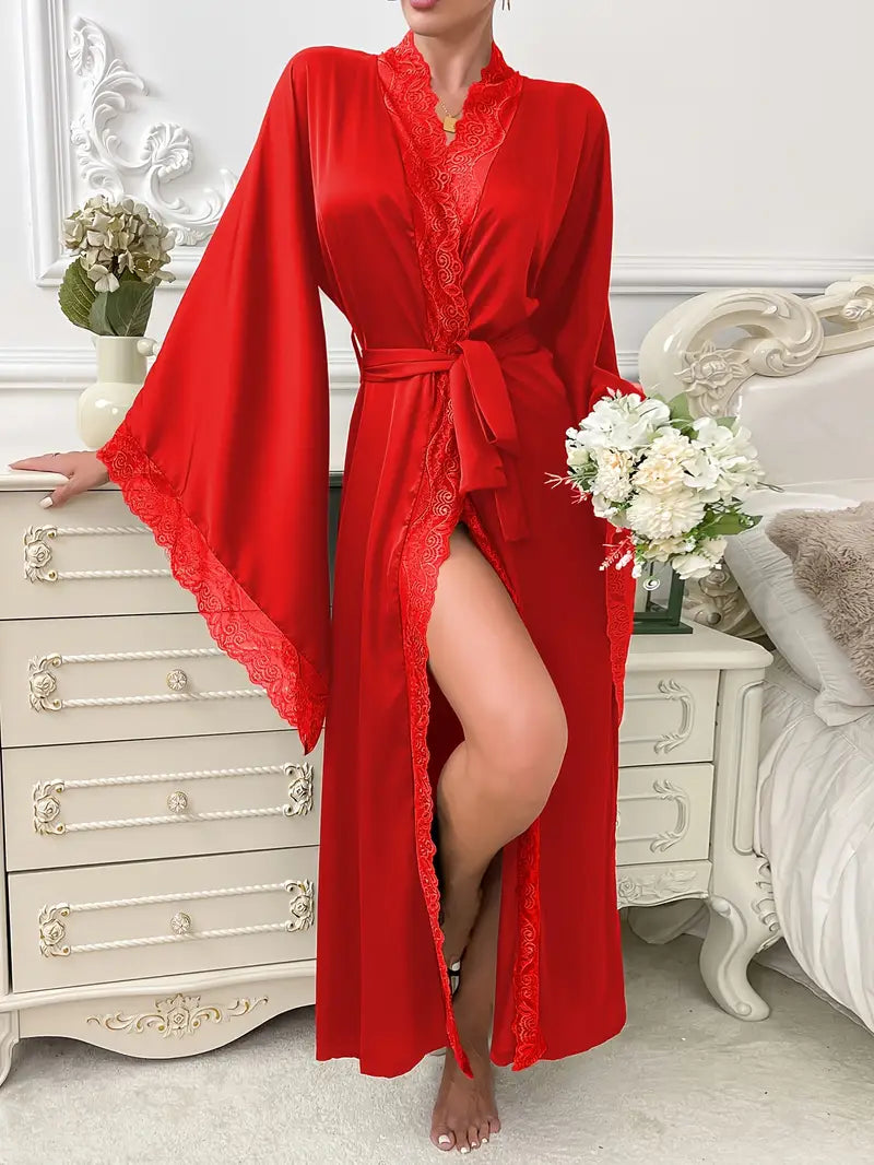 Veloura | Women’s Long Lace Kimono Dressing Gown with Belted Waist