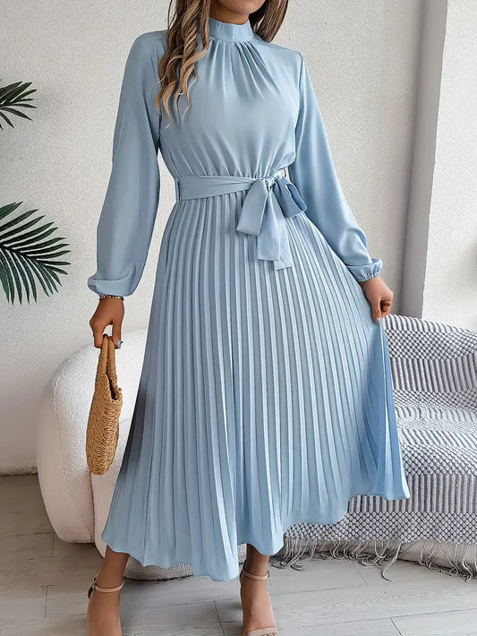 Serenelle | Women’s Long-Sleeve Pleated Midi Dress with Belted Waist
