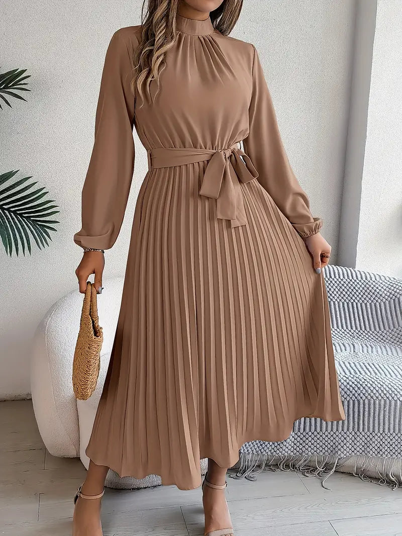 Serenelle | Women’s Long-Sleeve Pleated Midi Dress with Belted Waist
