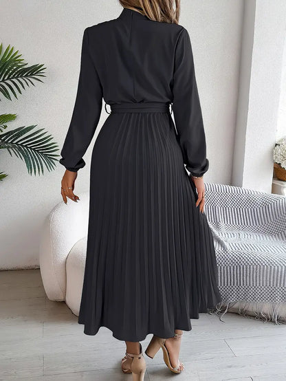 Serenelle | Women’s Long-Sleeve Pleated Midi Dress with Belted Waist
