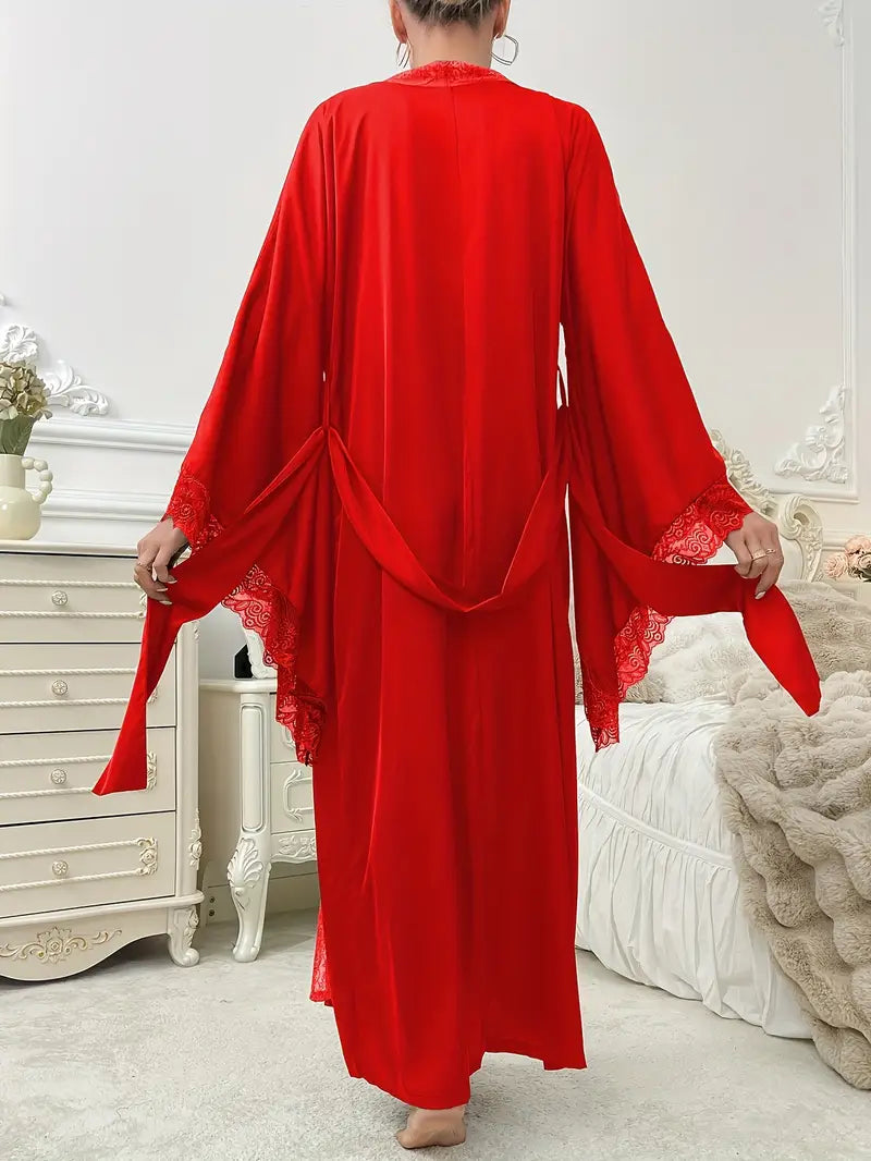 Veloura | Women’s Long Lace Kimono Dressing Gown with Belted Waist