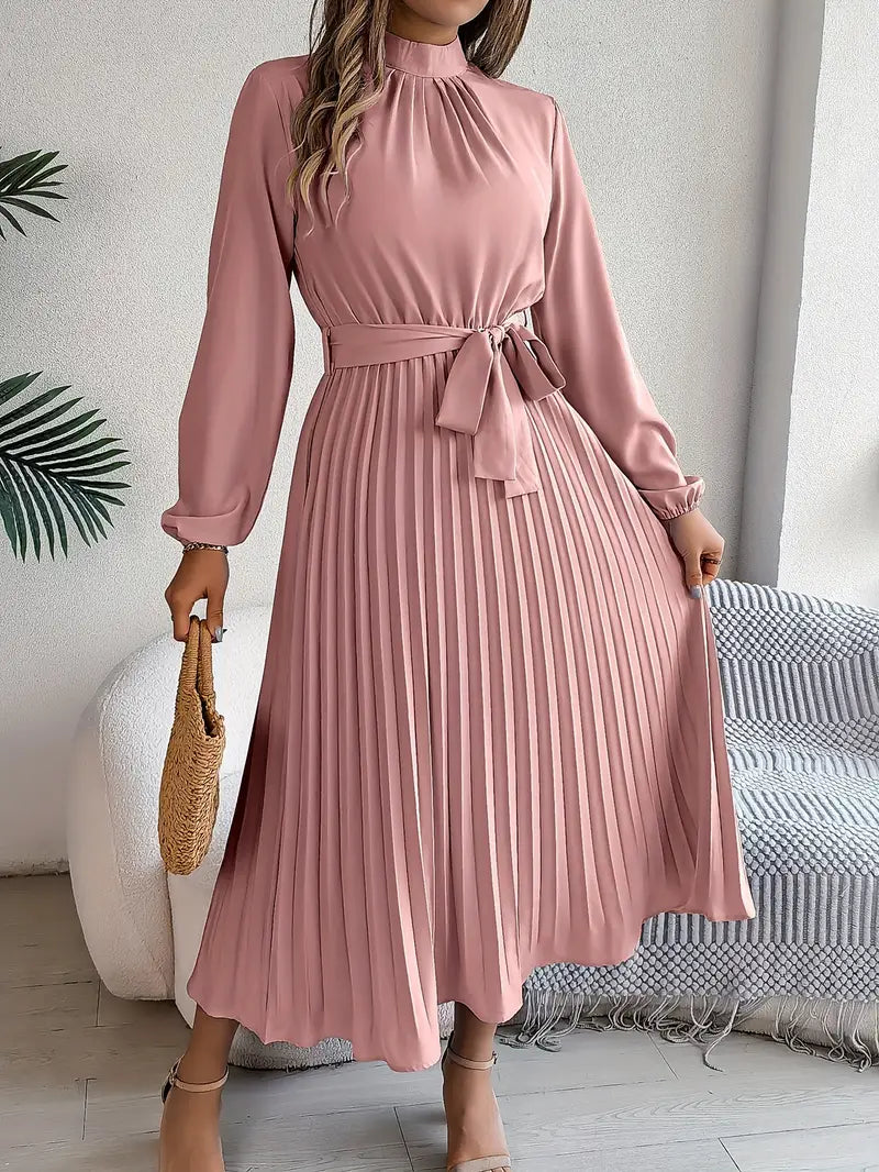 Serenelle | Women’s Long-Sleeve Pleated Midi Dress with Belted Waist
