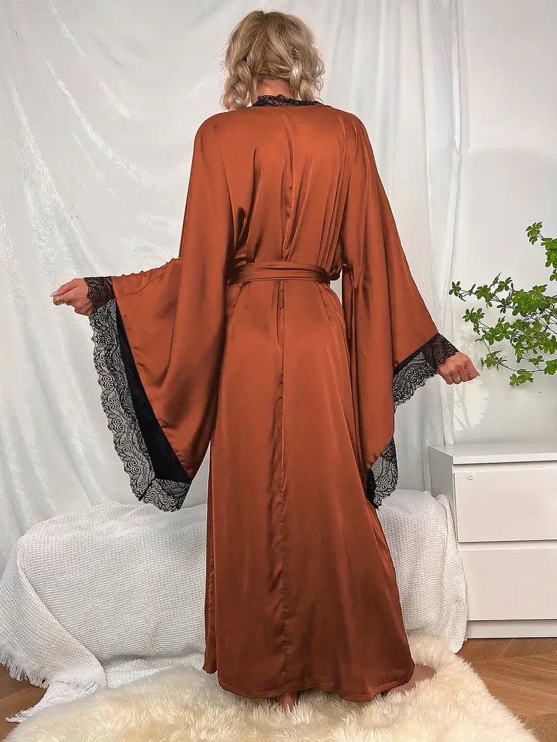 Veloura | Women’s Long Lace Kimono Dressing Gown with Belted Waist