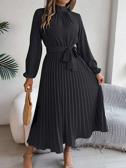 Serenelle | Women’s Long-Sleeve Pleated Midi Dress with Belted Waist