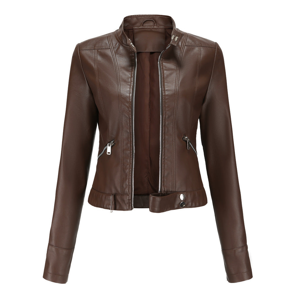 Rivelle | Women’s Leather Jacket with High Collar and Belted Hem