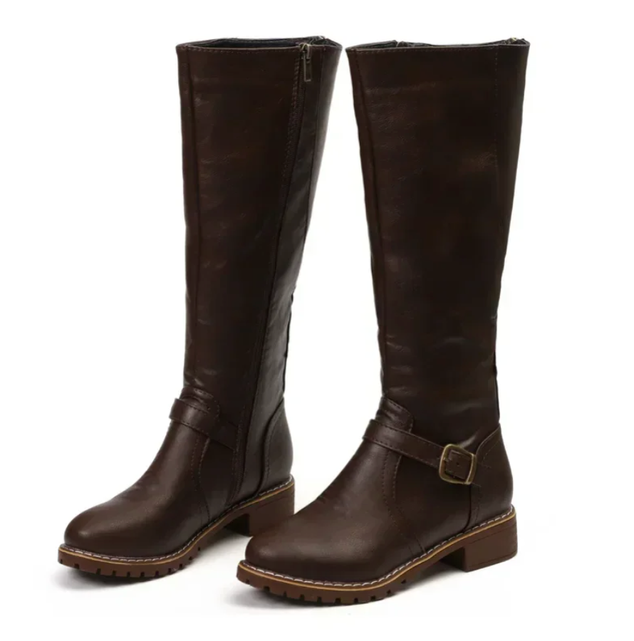 Elvaris | Women’s Knee-High Boots with Buckle Strap and Low Block Heel