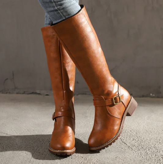 Elvaris | Women’s Knee-High Boots with Buckle Strap and Low Block Heel